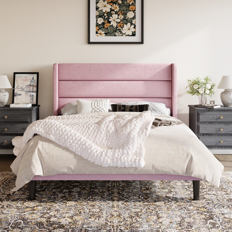 Modern Velvet Upholstered Platform Bed With Wooden Slats Wingback Headboard Included, Queen, Pink