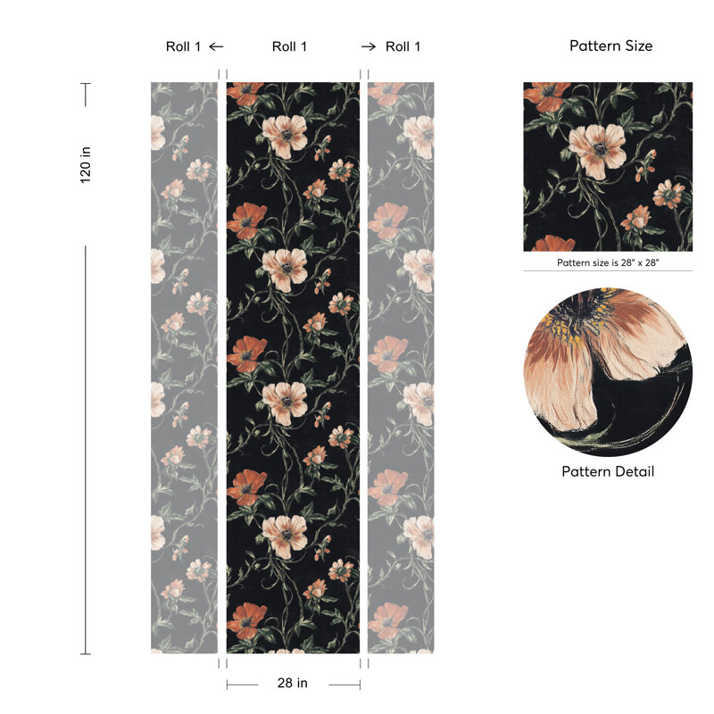 Papier peint floral noir avec motif de peler et coller