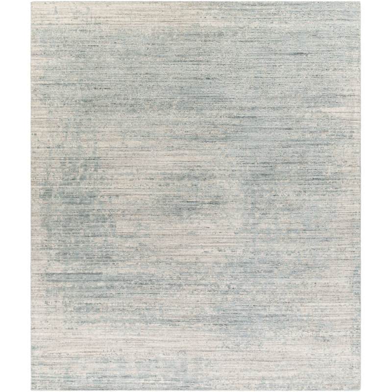 Tapis bleu sarcelle / ivoire abstrait noué à la main, Rectangle 4 pi x 6 pi