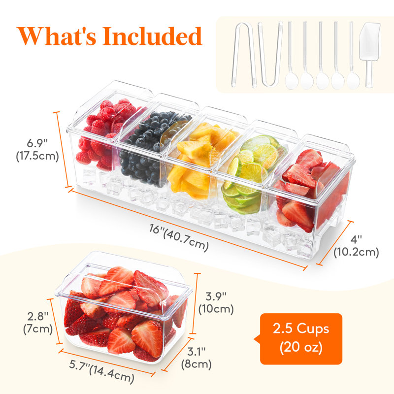Taco Bar Serving Set For Party With 5 Containers(2.5 Cup) & Components, Large Ice Chilled Condiment Caddy Organizer, Garnish Serving Tray Platter For Mimosa Bar Accessories, Fruit, Salad, Food