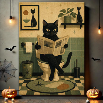 Mid Century Style Black Cat Sitting On Toilet Reading Newspaper, Retro Funny Bathroom Canvas Wall Art