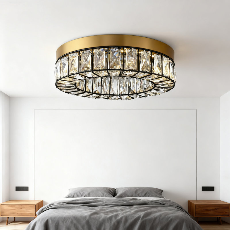 Crystal LED Flush Mount Ceiling Light Fixture Modern Black And Gold Chandelier Lighting Dimmable Kitchen Bedroom Hallway Foyer Laundry Room