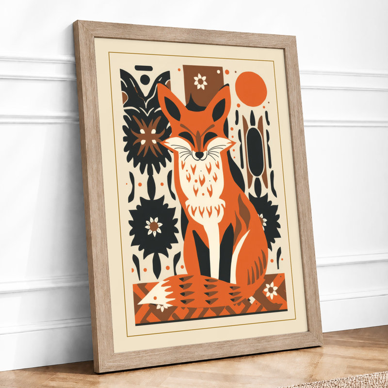 Folk Art Fox Scandinavian - Framed Print, A2 - 59.4 x 42.0 cm, Oak