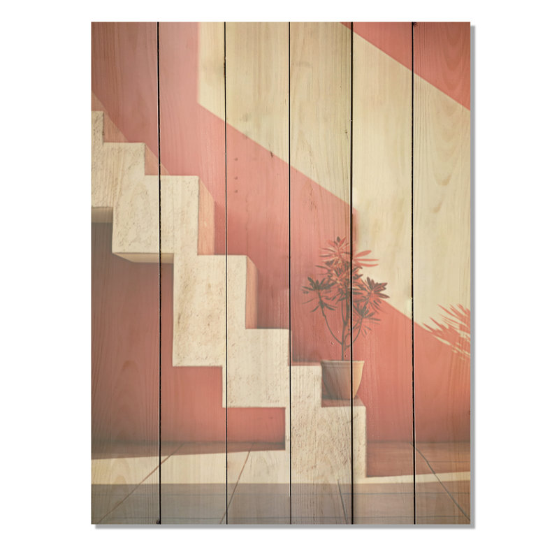 Décoration géométrique d'escalier géométrique - Flamant rose, art mural sur bois de pin naturel, H 32 po x l 24 po