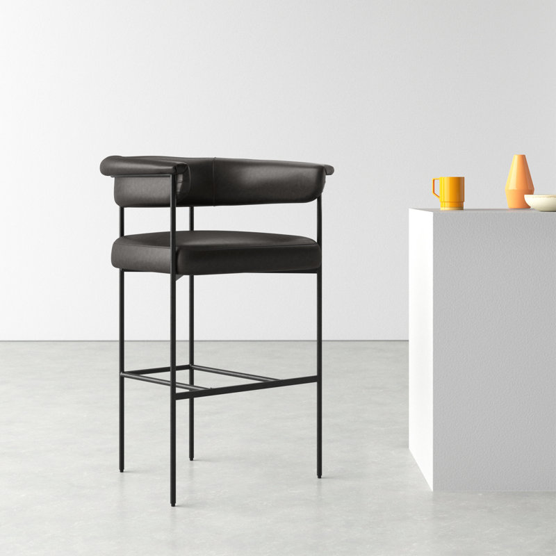 Lyssa Upholstered Counter Stool, Counter Stool (26.5" Seat Height), Sonoma Black Genuine Leather, Solid