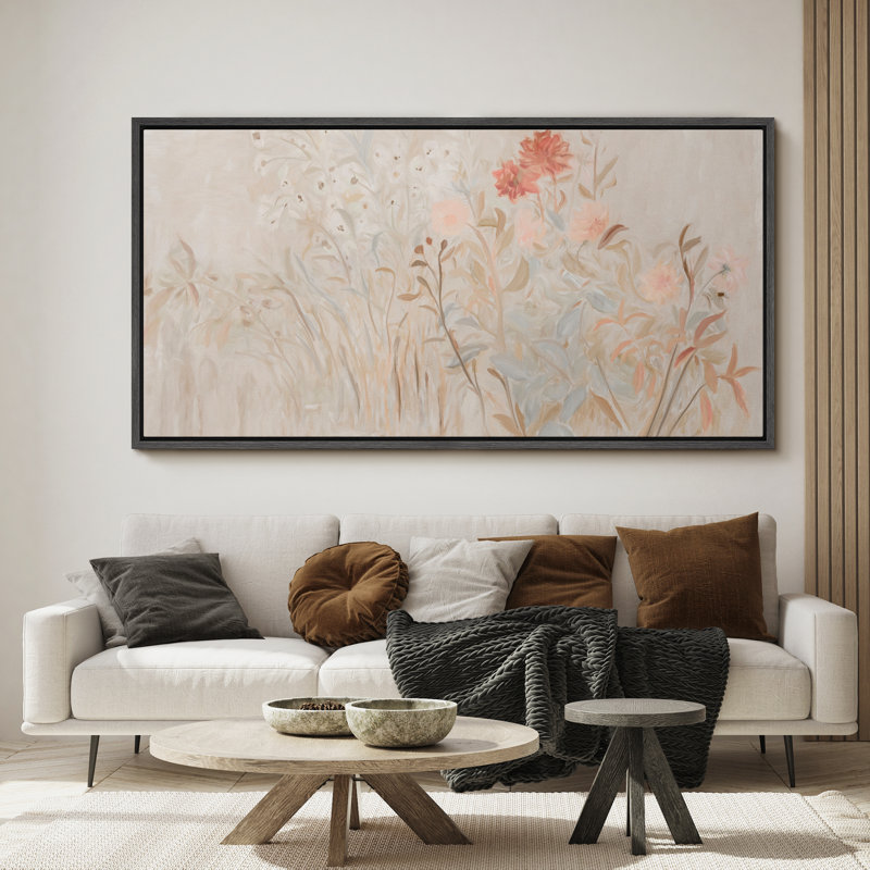 Toile encadrée de prairie à fleurs sauvages douces - art botanique neutre avec des fleurs chaudes, Noir, H 30 po x l 60 po