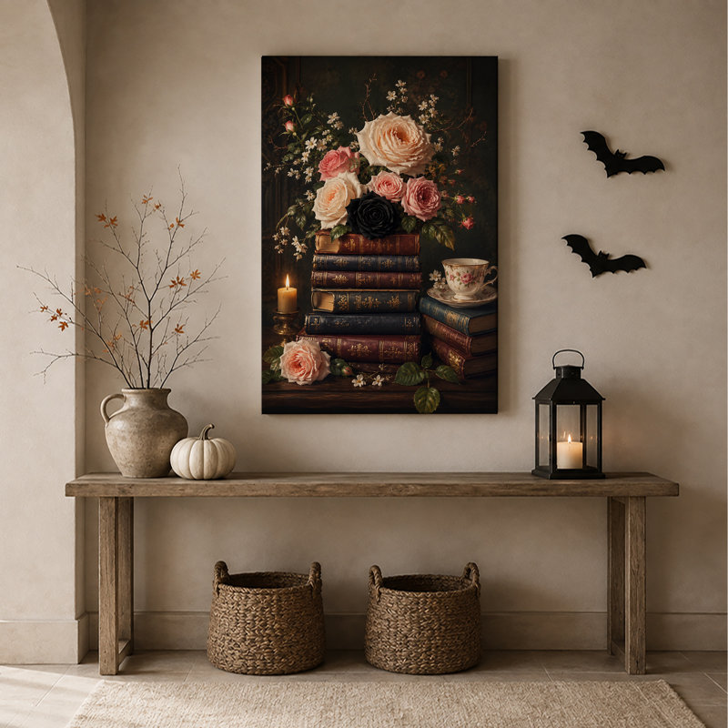 Art rétro sur toile, livres rétro avec roses roses et noires, H 18 po x l 12 po