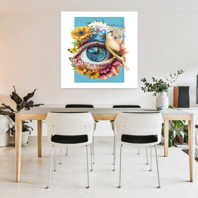 «Whimsical Eye Floral Bird», 36" H x 36" W
