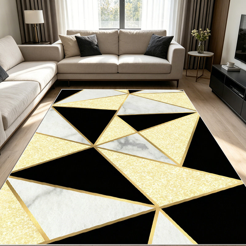 1PC Geometric Triangle Marble Gold Trim Black Modern Luxury Pattern area rugs for Living Room, Soft and Comfortable, Suitable for all seasons, easy-to-maintain, machine washable Indoor floor mat, Under Table Farmhouse suitable for dining room,