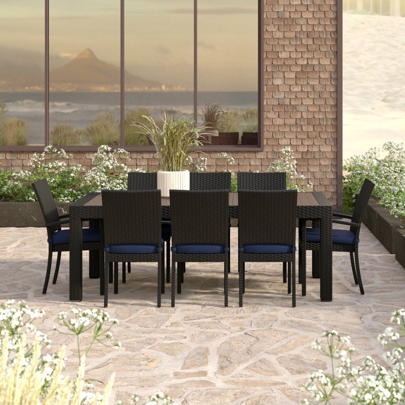 8 Piece Sunbrella Outdoor Patio Dining Chairs, Brown, Navy