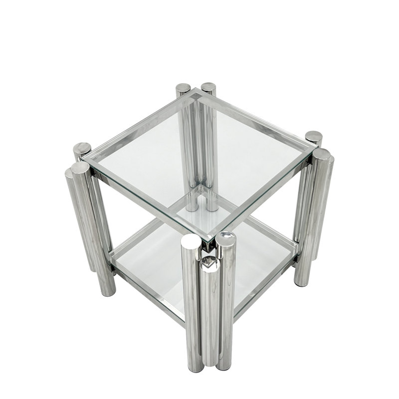 Table de bout carrée, table de bout moderne en acier inoxydable, table basse en verre trempé transparent double couche, table d'appoint avec rangement