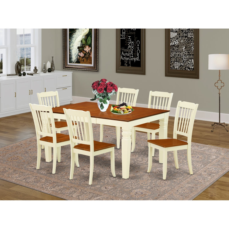 Ensemble de table de salle à manger 7 pièces composé d'une table rectangulaire en bois avec feuille papillon et 6 chaises de cuisine, babeurre et cerise