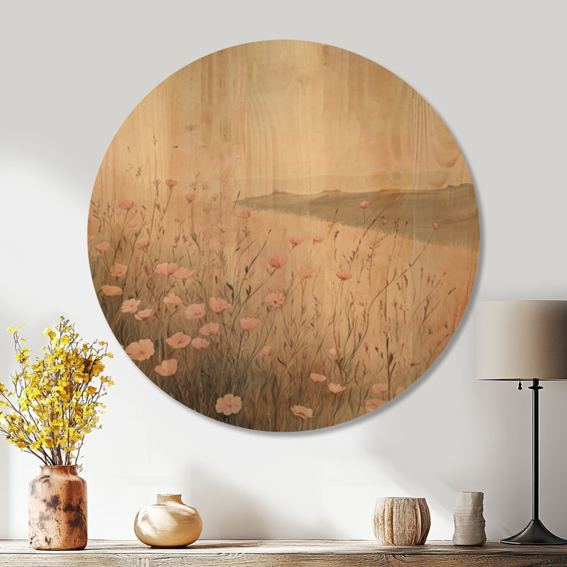 Rose Meadow Hills - Décoration murale ronde en bois avec des fleurs sauvages roses, Rond 36 po, Rond