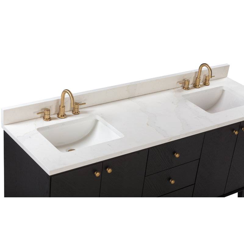 Adele 30'' Free Standing Single Bathroom Vanity with Quartz Top, Black, Gold, 73