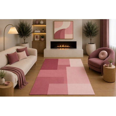 Tapis géométrique moderne ultra-léger 152 x 213 cm, rose poudré et mauve, motif abstrait à blocs de couleur, idéal pour le salon, la chambre, la chambre d'enfant ou le bureau. Dos en silicone antidérapant, poils courts.