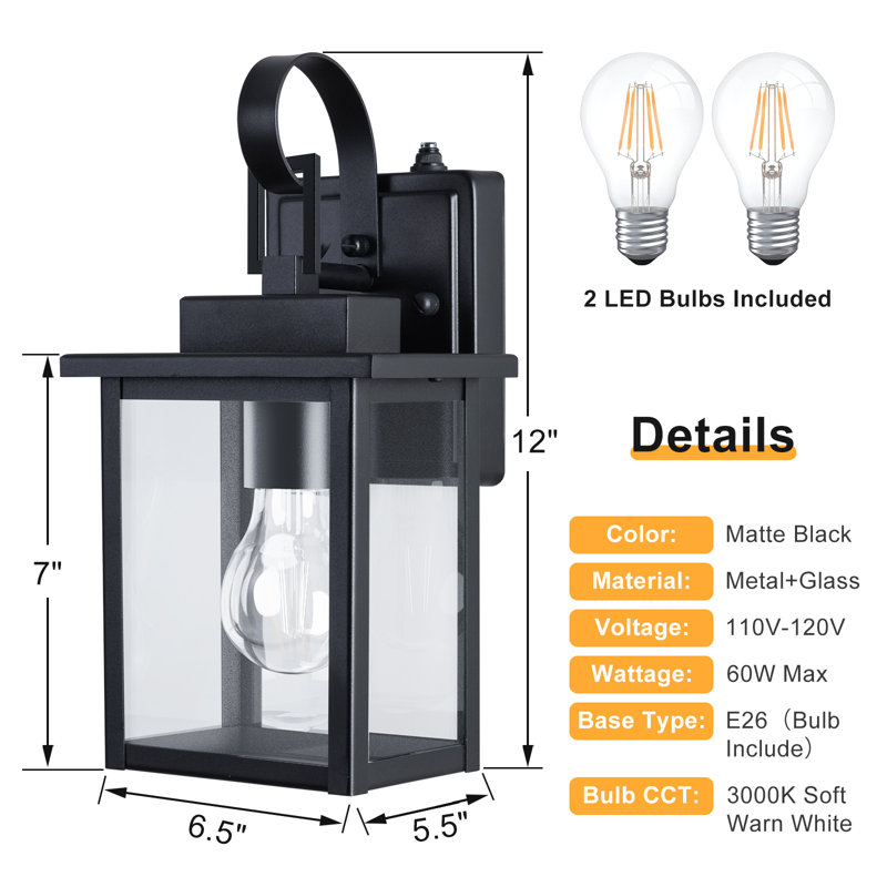 1 - Light 12''H Black Iron Tempered Glass Includes Bulb ETL Outdoor Wall Light with Dusk to Dawn