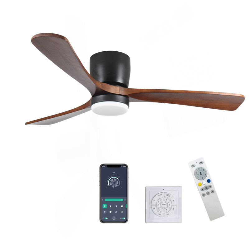 52 Inch Black Wood Ceiling Fans With Lights And Remote, Modern Flush Mount Low Profile Ceiling Fan With Light, 6 Speed, Reversible DC Motor, For Bedroom/Outdoor/Farmhouse/Patios