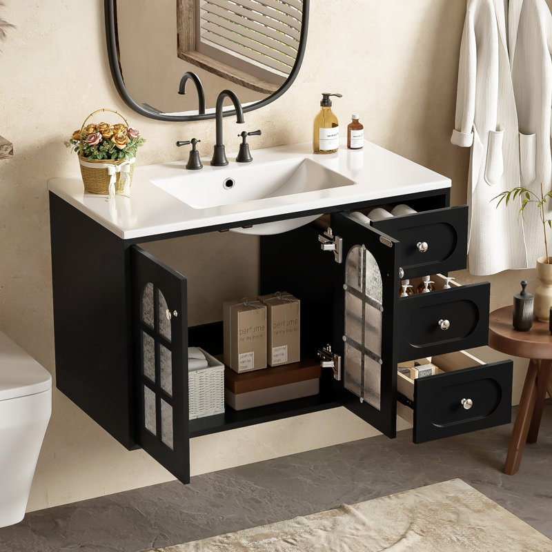 Meuble-lavabo flottant avec lavabo en céramique, armoire de salle de bain murale avec 3 tiroirs et armoire à système de fermeture en douceur