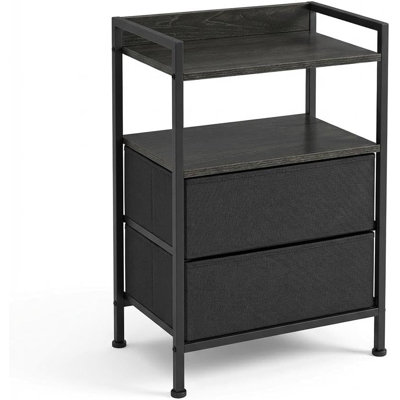 Modern Bedside Table with 2 Fabric Drawers & 3-Tier Storage, Compact Nightstand for Bedroom, Living Room, Dorm, Apartment,Black