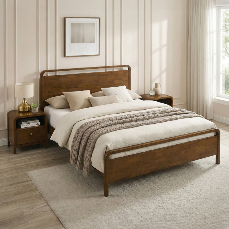 Ellum Wood Bedroom Set, King Platform Bed with Two Nightstands in Walnut Finish, King