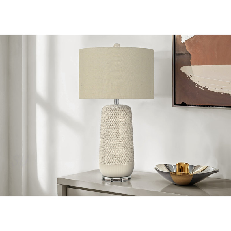 Lighting, H 31 po, lampe de table, céramique crème, abat-jour beige, contemporain