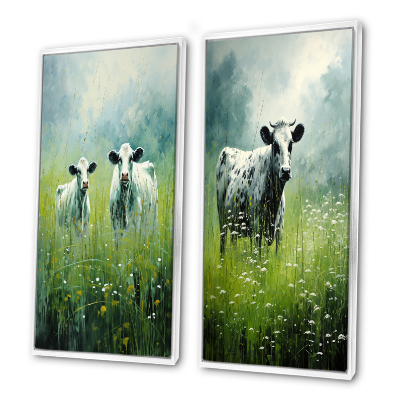 Vache dans les pâturages verdoyants - Ensemble de 2 décorations murales de vache, Cadre blanc, H 40 po x l 41 po