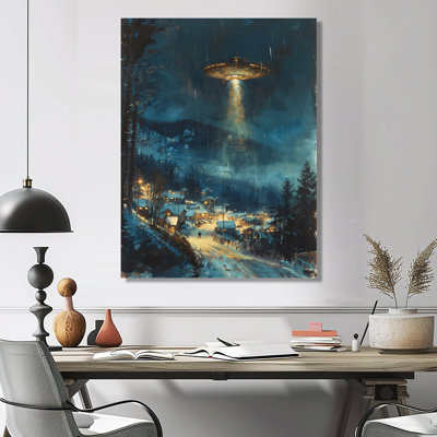 Blue White Winter Night Ufos - Ufos Wall Art Living Room