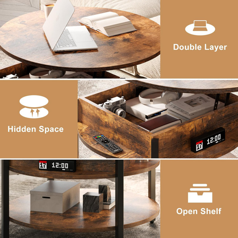 Table basse ronde à plateau relevable avec rangement caché, design campagnard à 2 niveaux pour le salon, petite table circulaire multifonctionnelle à hauteur réglable