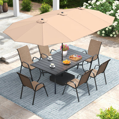 6-Person Rectangular Patio Dining Set With Umbrella & Textilene Stackable Chairs