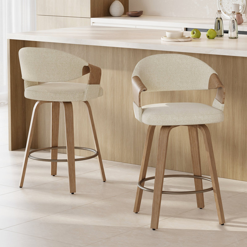 Mid-Century Modern Swivel Counter Stool With Bentwood Frame, Beige