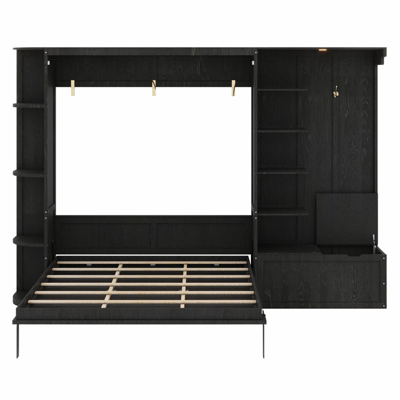 Lit escamotable mural Murphy avec tablettes de rangement intégrées, éclairage DEL et crochets de suspension, Noir