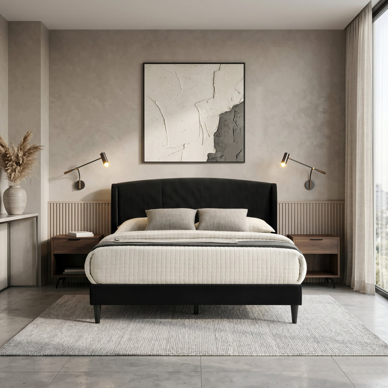 Grand lit tapissier contemporain avec tête de lit courbée Jolande, Grand lit, Noir