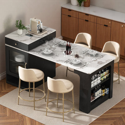 Kitchen Island With Extendable Dining Table, Double-sided Storage, 2 Drawers, Power Outlet And Side Open Shelves