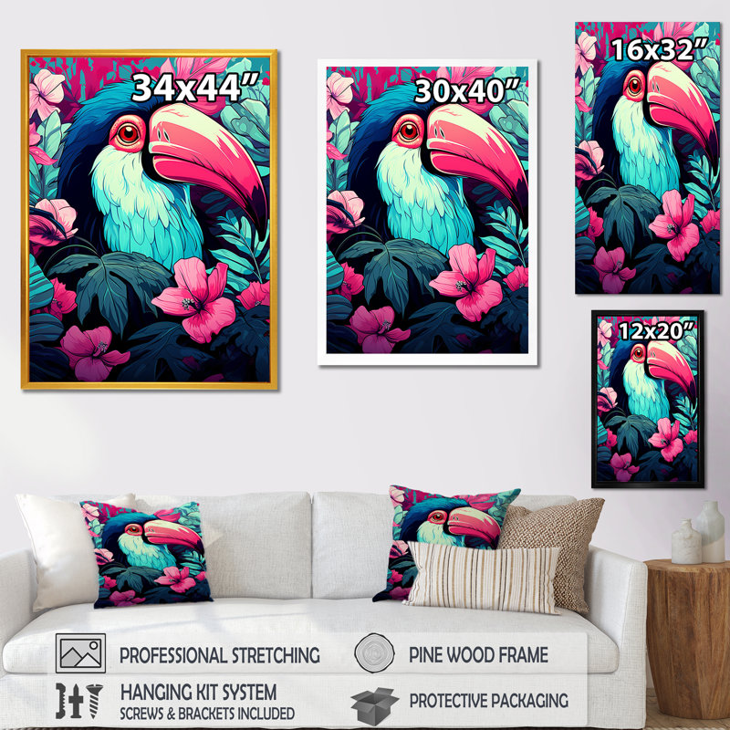 Toucans roses et bleus tropicaux - art mural Toucan, Cadre flottant noir, H 32 po x l 16 po x P 1 po
