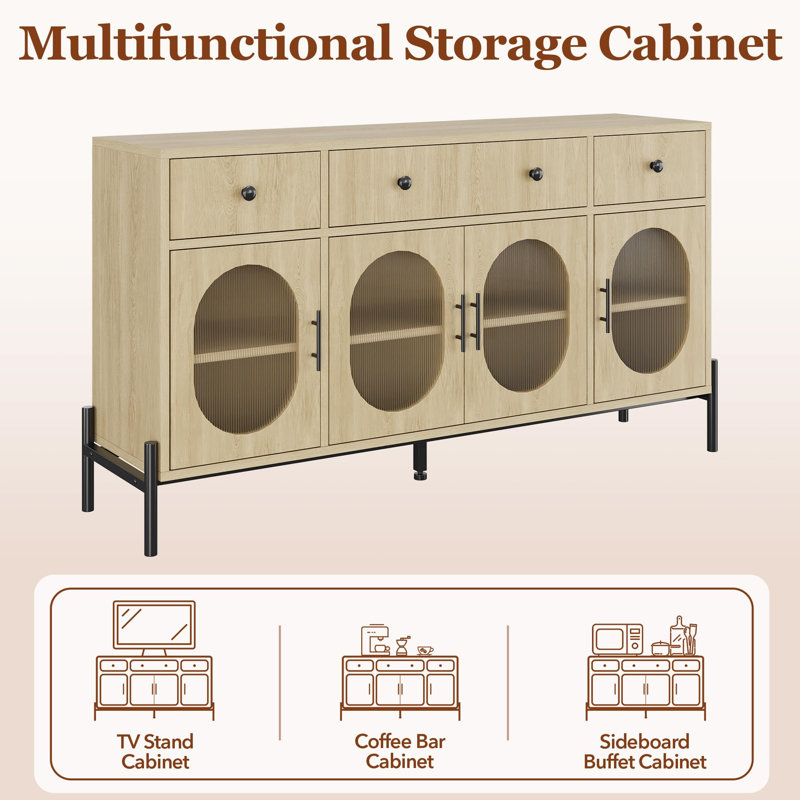 Buffet 62 "avec 3 tiroirs et 4 portes en verre, Naturel