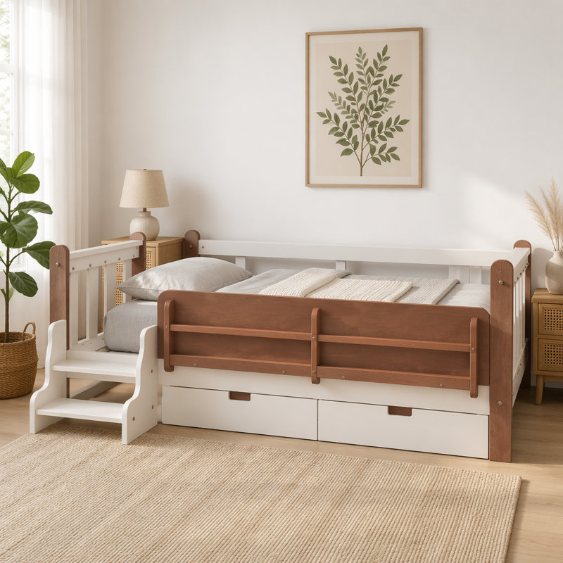 Lit avec tiroirs de rangement, lit en bois avec de jolis escaliers et garde-corps, Twin, Beige