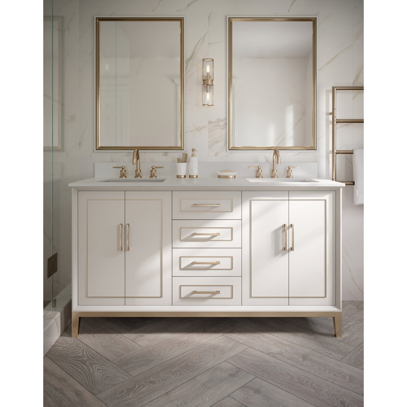 Gracie 60'' Double Bathroom Vanity with Top, White Quartz, Satin White (Cream White)