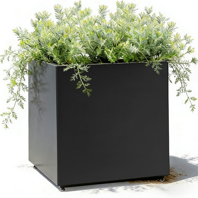 Grand pot de fleurs moderne en forme de cube de 20 l 20 po x P 21 po - Pot de fleurs extérieur en acier galvanisé avec trous de drainage et pieds réglables pour patio, terrasse ou balcon - Assemblage facile en 5 minutes, noir antirouille
