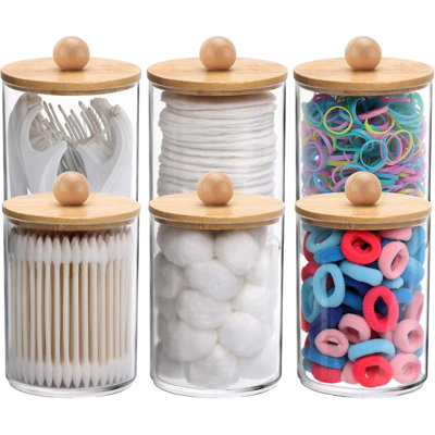 6 Pack Cotton Swab Holder, 10-Ounce Apothecary Jars With Bamboo Lids For Cotton Ball Swab Pad Dispenser, Bathroom Canisters Organizer
