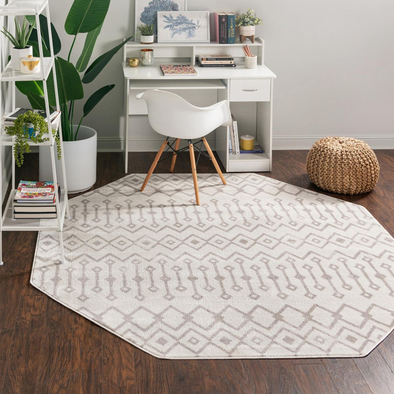 Tapis géométrique blanc / gris Junius, Octogone 7 pi x 7 pi