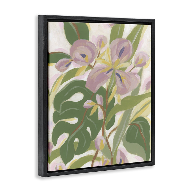 «Monstera & Pink Flower», art mural sur toile flottante par June Erica Vess, Cadre flottant noir de jais, H 31 po x l 25 po