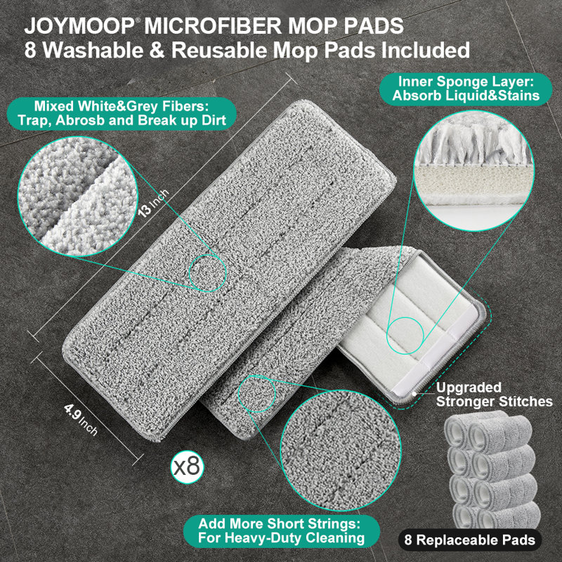 JOYMOOP Flat Squeeze Mop and Bucket Set, with 50" Mop Handle and Grey Microfiber Pads, 15 Pieces