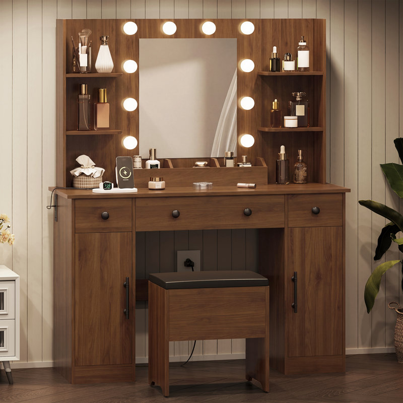 Ensemble de coiffeuse moderne avec miroir Guram avec miroir, dix ampoules et lumière réglable Dazzle, 7 tiroirs et tabouret, prise de courant USB
