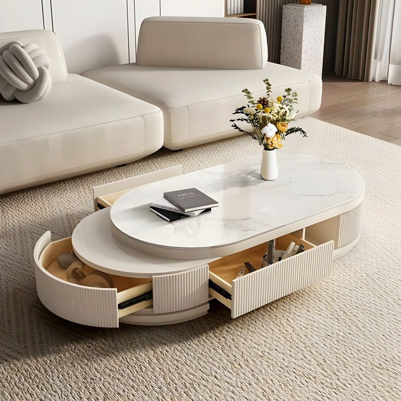  Bilawal 51.1"-64.9" Cream Style Oval Extendable Coffee Table Solid Wood With 4 Drawers, No-Assembly Required
