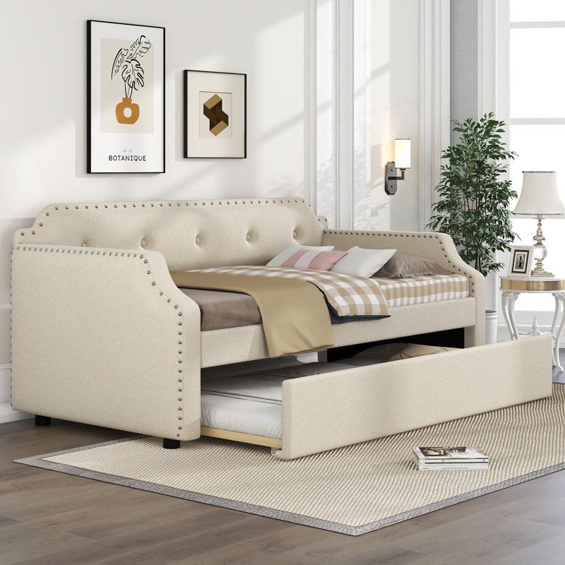Upholstered Daybed With Trundle, Upholstered Frame Sofa Bed, Day Bed, Beige
