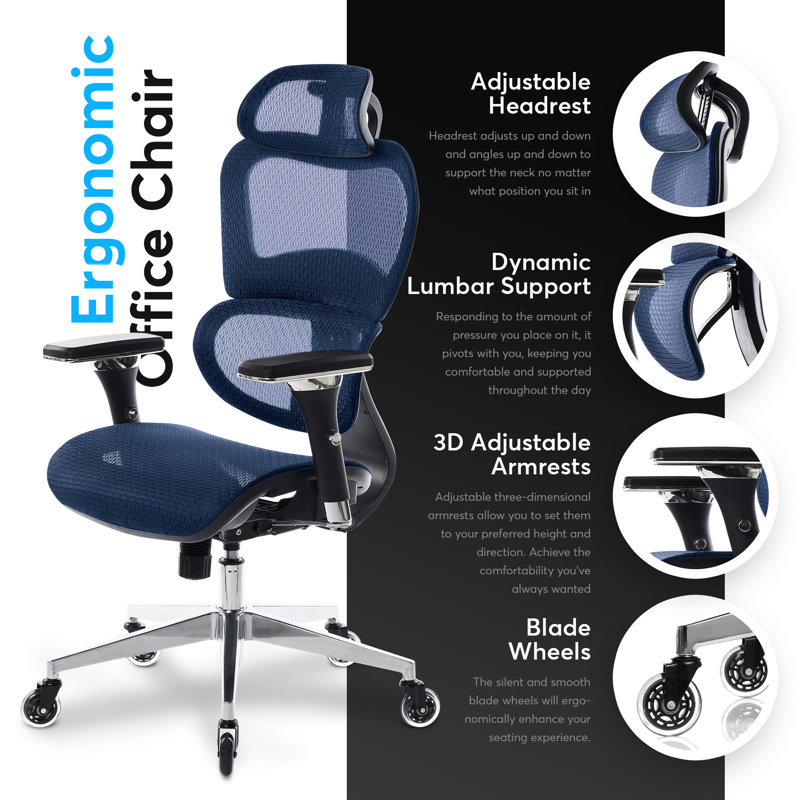Navy Blue Mesh Ergonomic Executive Office Chair with Adjustable Arms