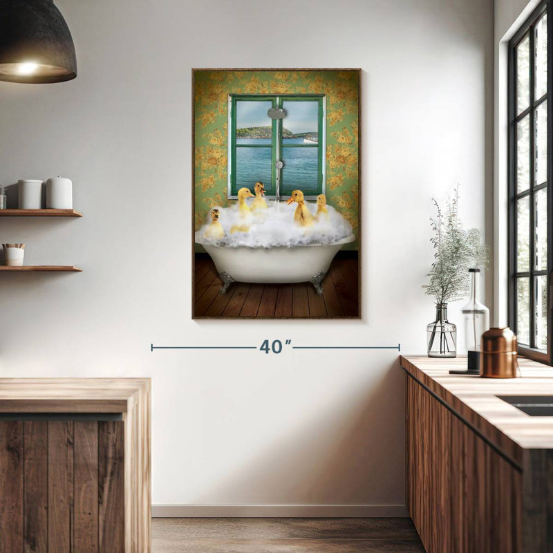 Ducks In Bath Tub, Floating Frame Walnut, 27" x 40"