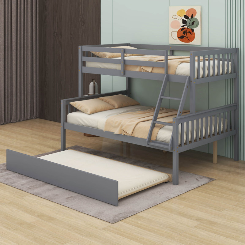  Keirlyn Twin Over Full Rubber Wood Bunk Bed With Trundle,  Convertible Bed, With Twin Size Trundle, Gray