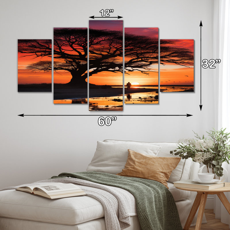 Coucher de soleil africain majestueux II - art mural africain, salon, 5 panneaux