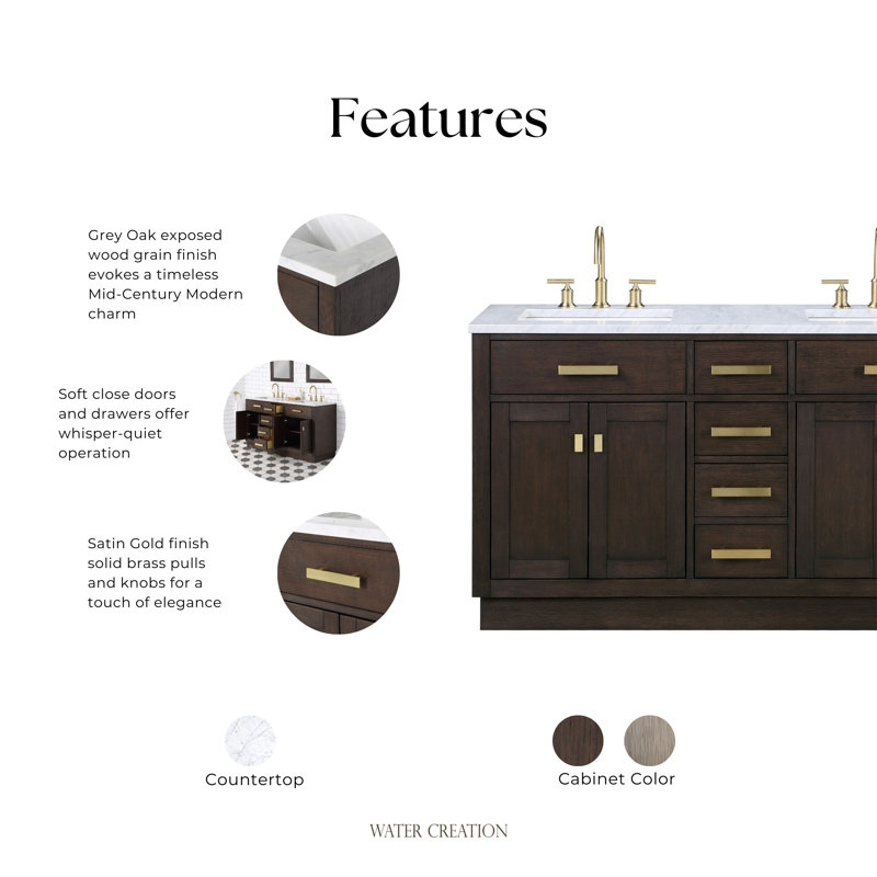 Chestnut 60" Carrara White Marble Countertop Bath Vanity with Faucet, Brown Oak